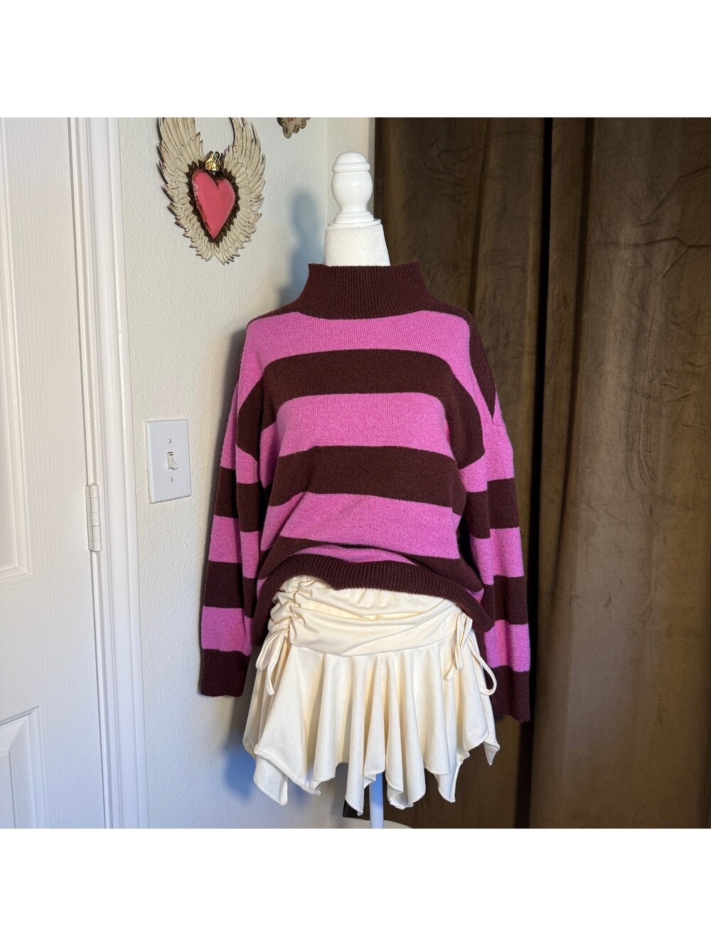LOFT Gilmore Girls Fisherman Cozy Preppy Striped Mock Neck Sweater Pink & Brown